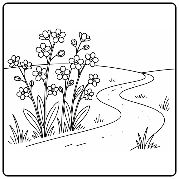 vergeet mij nietje kleurplaat bloemen langs kronkelig pad