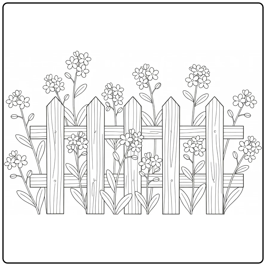 Vergeet mij nietje kleurplaat bloemen langs houten hek