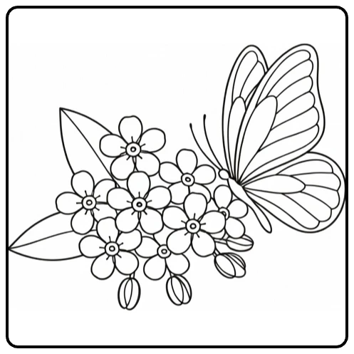 vergeet mij nietje kleurplaat met vlinder en bloemen
