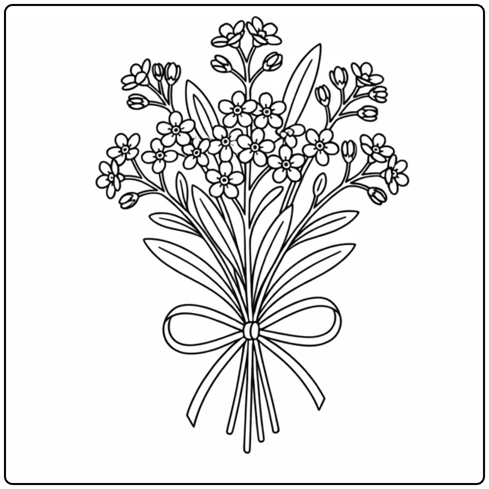 vergeet mij nietje kleurplaat met boeket bloemen en lint