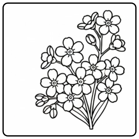 Vergeet mij nietje kleurplaat met lege wenskaart en hoekbloemen