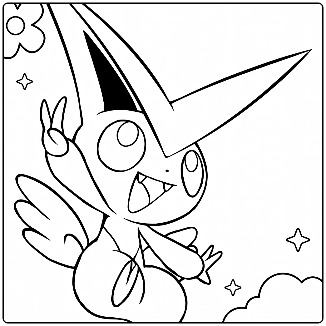 Victini Kleurplaat: schattige Pokémon met V-teken, sterren