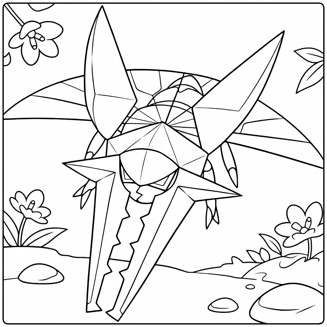Vikavolt Kleurplaat: felle kever-Pokémon met vleugels en bloemen