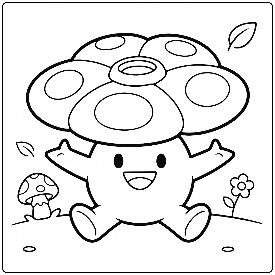 Vileplume Kleurplaat: blije Pokémon met bloemen en paddenstoelen