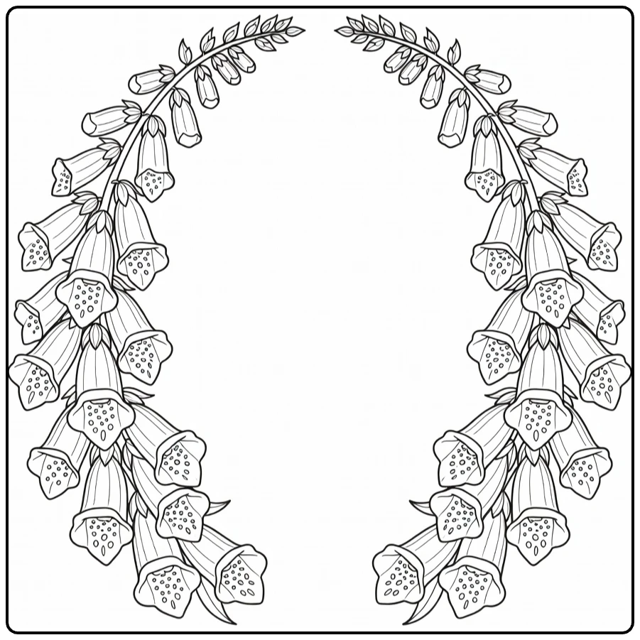 Vingerhoedskruid kleurplaat met decoratief frame van stelen