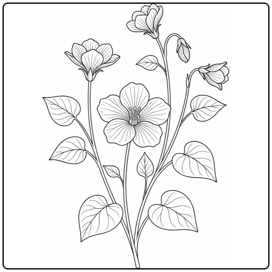 viooltje kleurplaat met violet bloem en hartbladeren