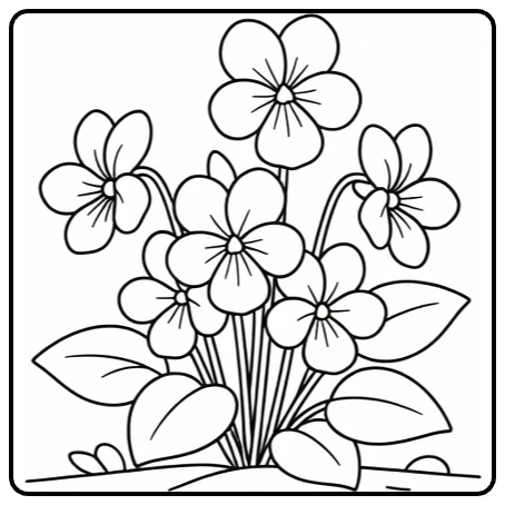 viooltje kleurplaat met bloemen en ronde bladeren