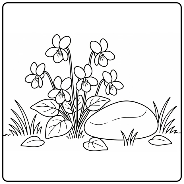 viooltje kleurplaat met viooltjes naast tuinsteen