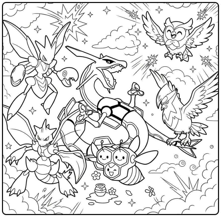 Vliegend pokemon kleurplaat met actiepose, printbaar