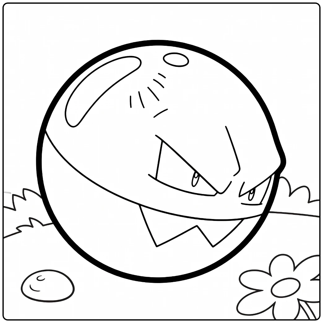 Voltorb Kleurplaat: boze Pokémon bal met gras en bloem