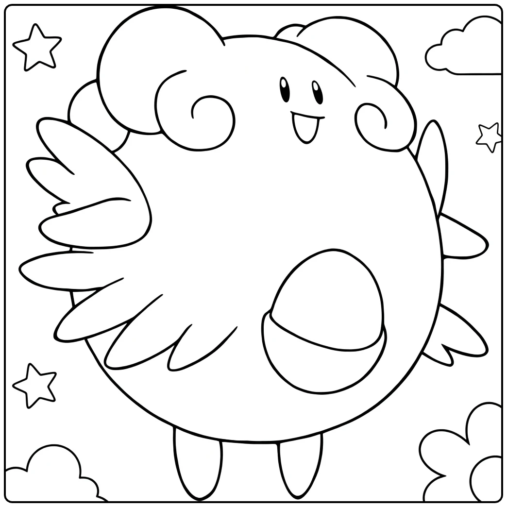 Blissey kleurplaat met ei, vleugels en wolken