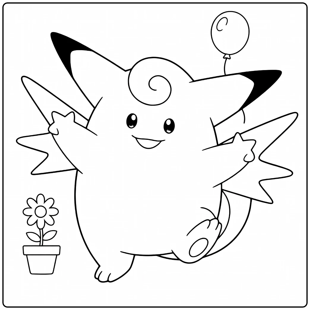 Clefable Kleurplaat met ballon en bloem in pot