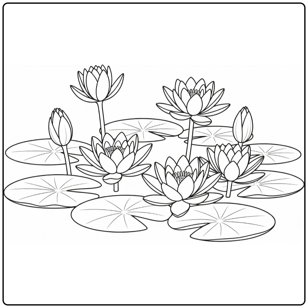 Waterlelie kleurplaat met bloemen en leliebladen op vijver