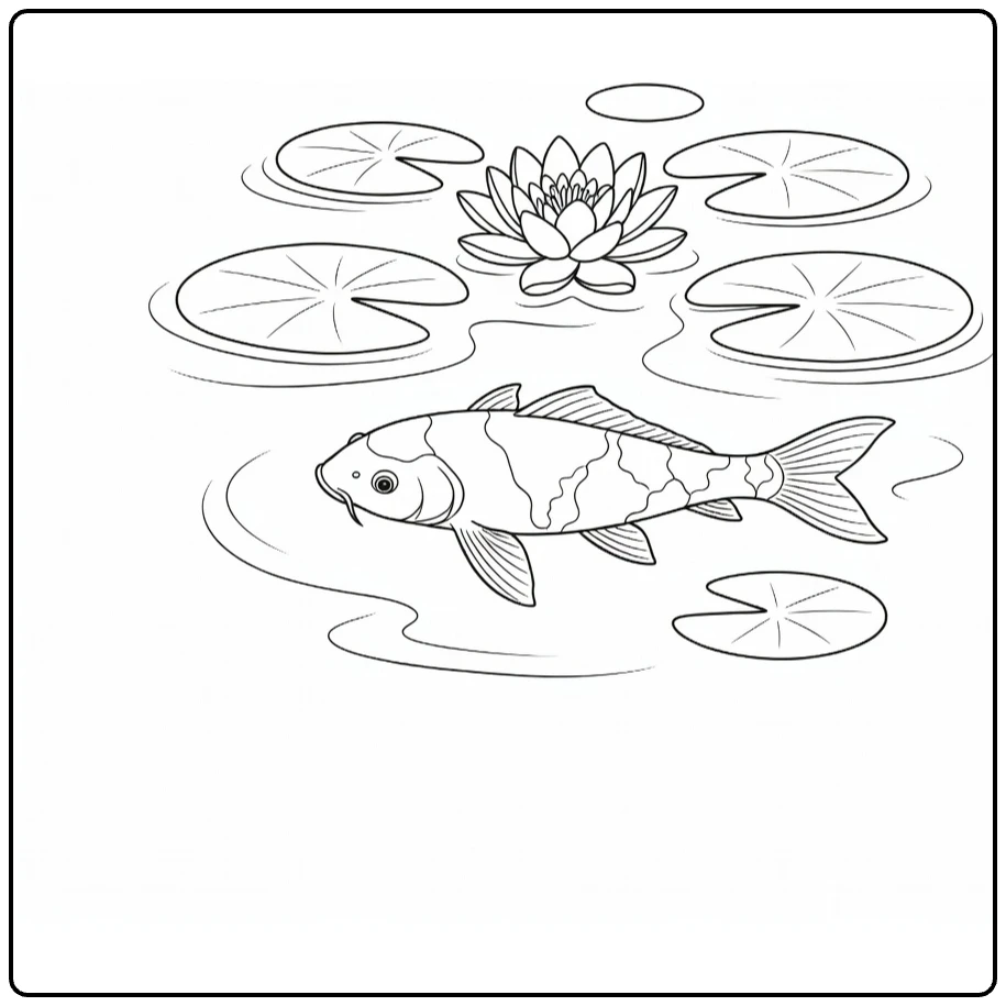 Waterlelie kleurplaat met koi vis onder leliepads