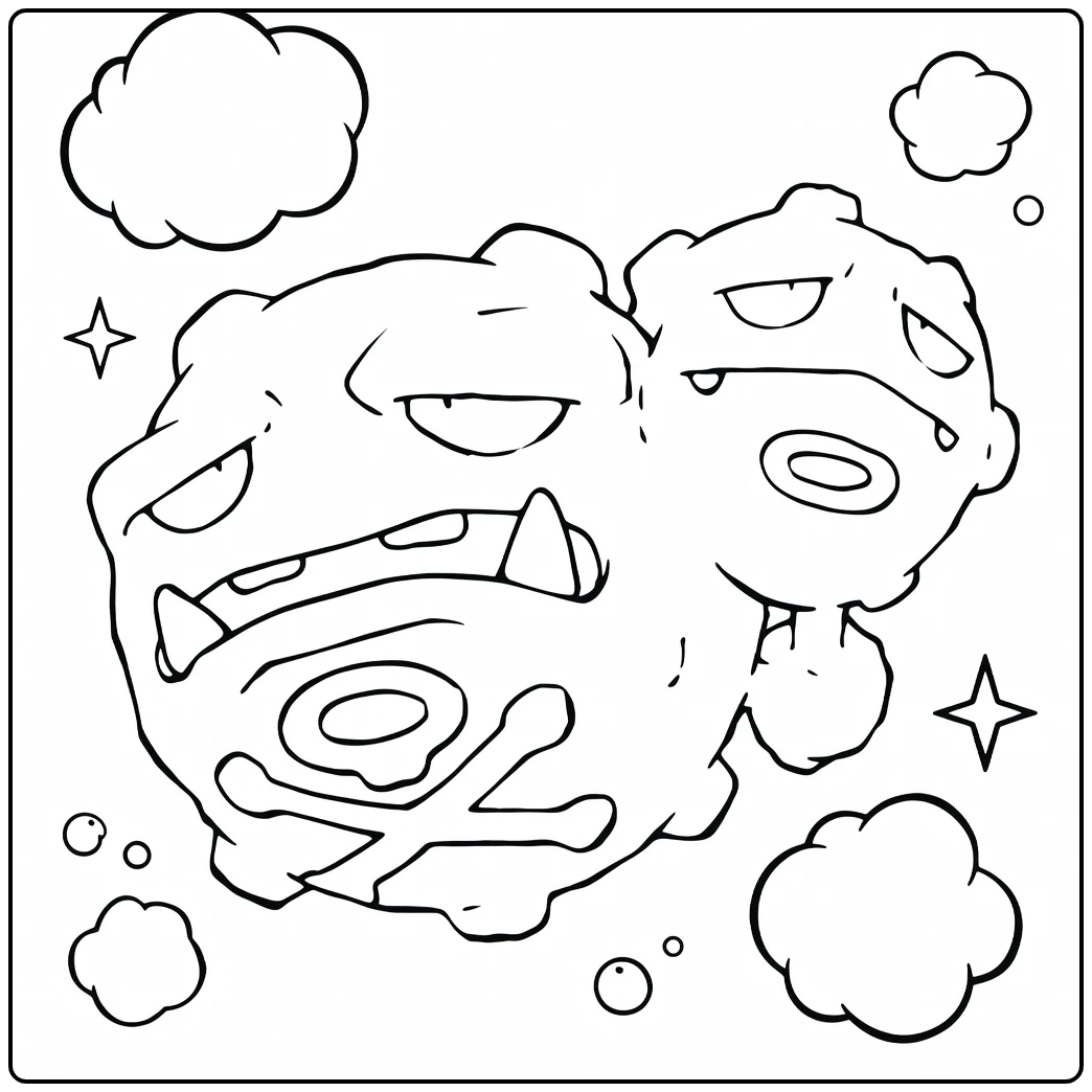 Weezing Kleurplaat met boze gezichten en wolken