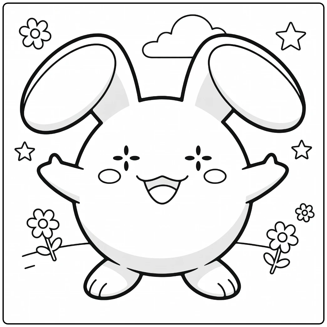 Whismur kleurplaat: schattig lachend konijntje met bloemen