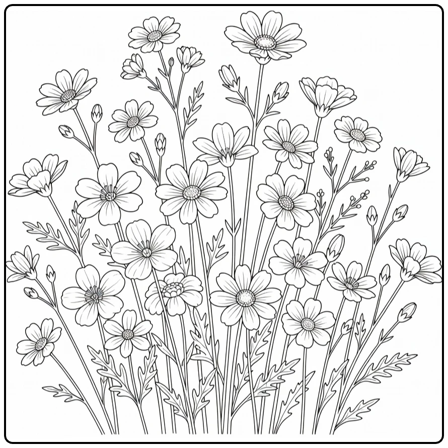 Wilde bloemen kleurplaat met cluster van wilde bloemen