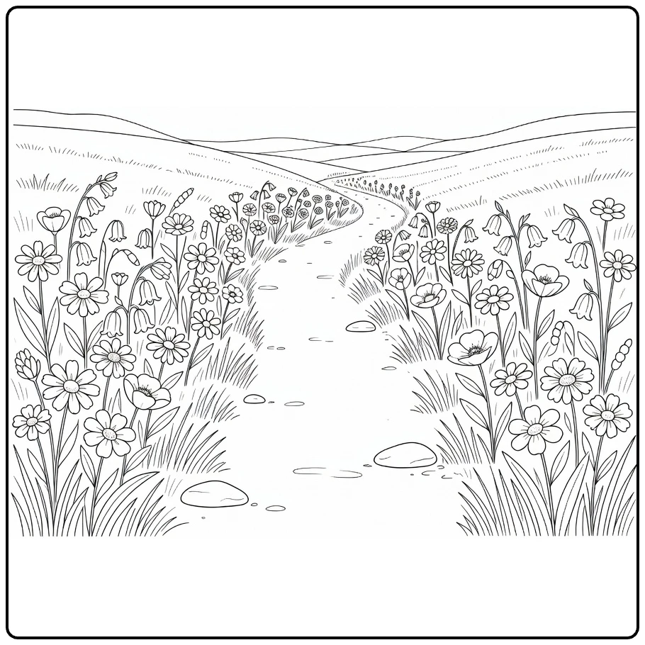 wilde bloemen kleurplaat met smal pad en wilde bloemen