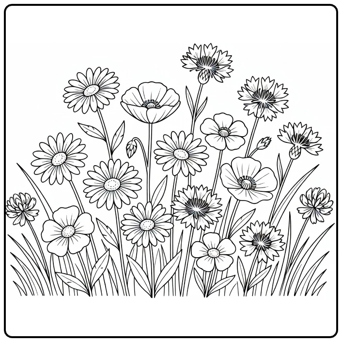 wilde bloemen kleurplaat van weide met margrieten