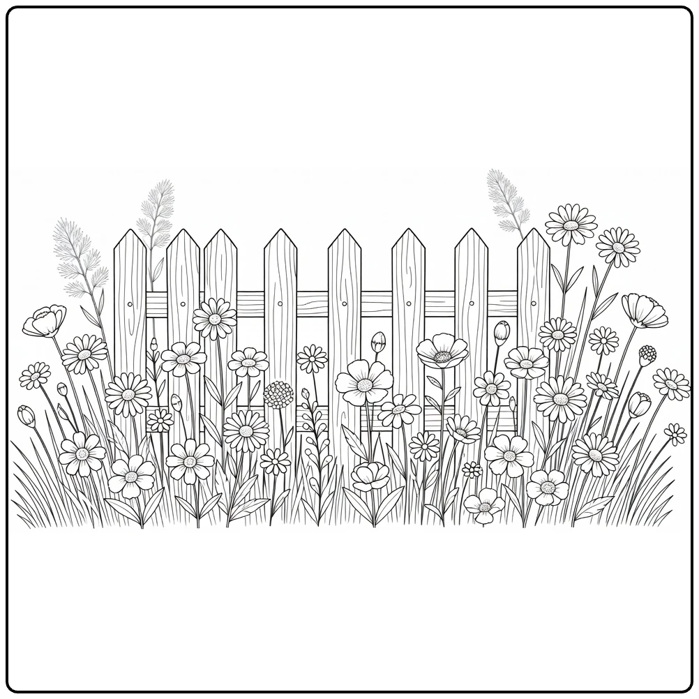 Wilde bloemen kleurplaat met houten hek en bloeiende bloemen