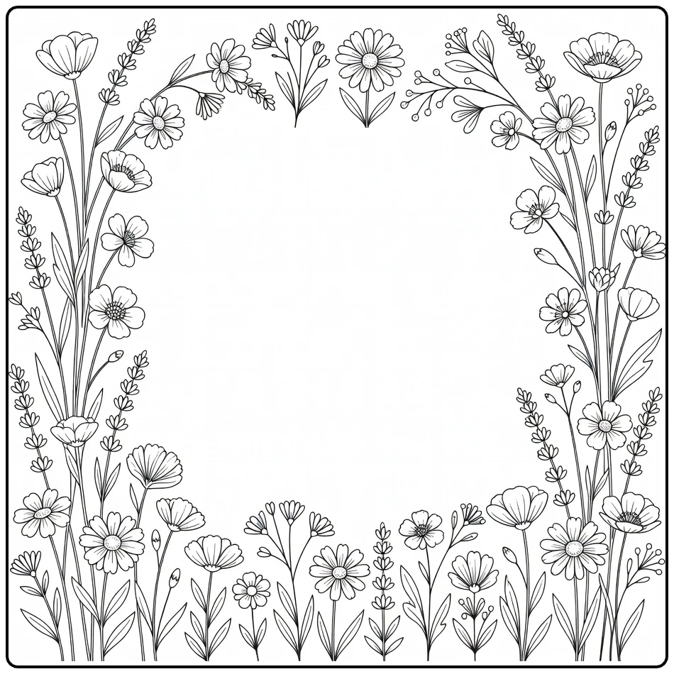 Wilde bloemen kleurplaat met zachte bloemen in hoeken