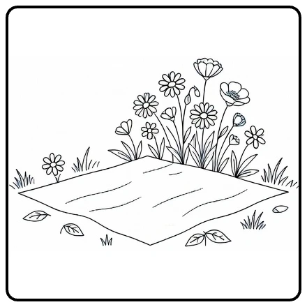 wilde bloemen kleurplaat met picknick deken en gras