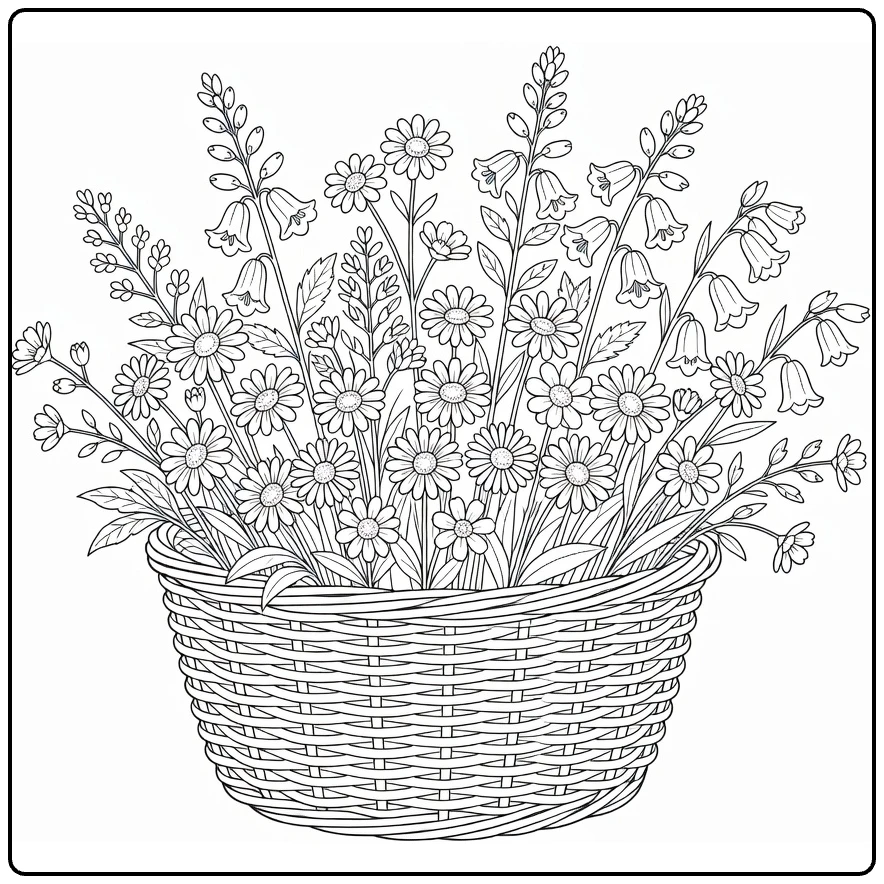 wilde bloemen kleurplaat met rustieke mand en madeliefjes