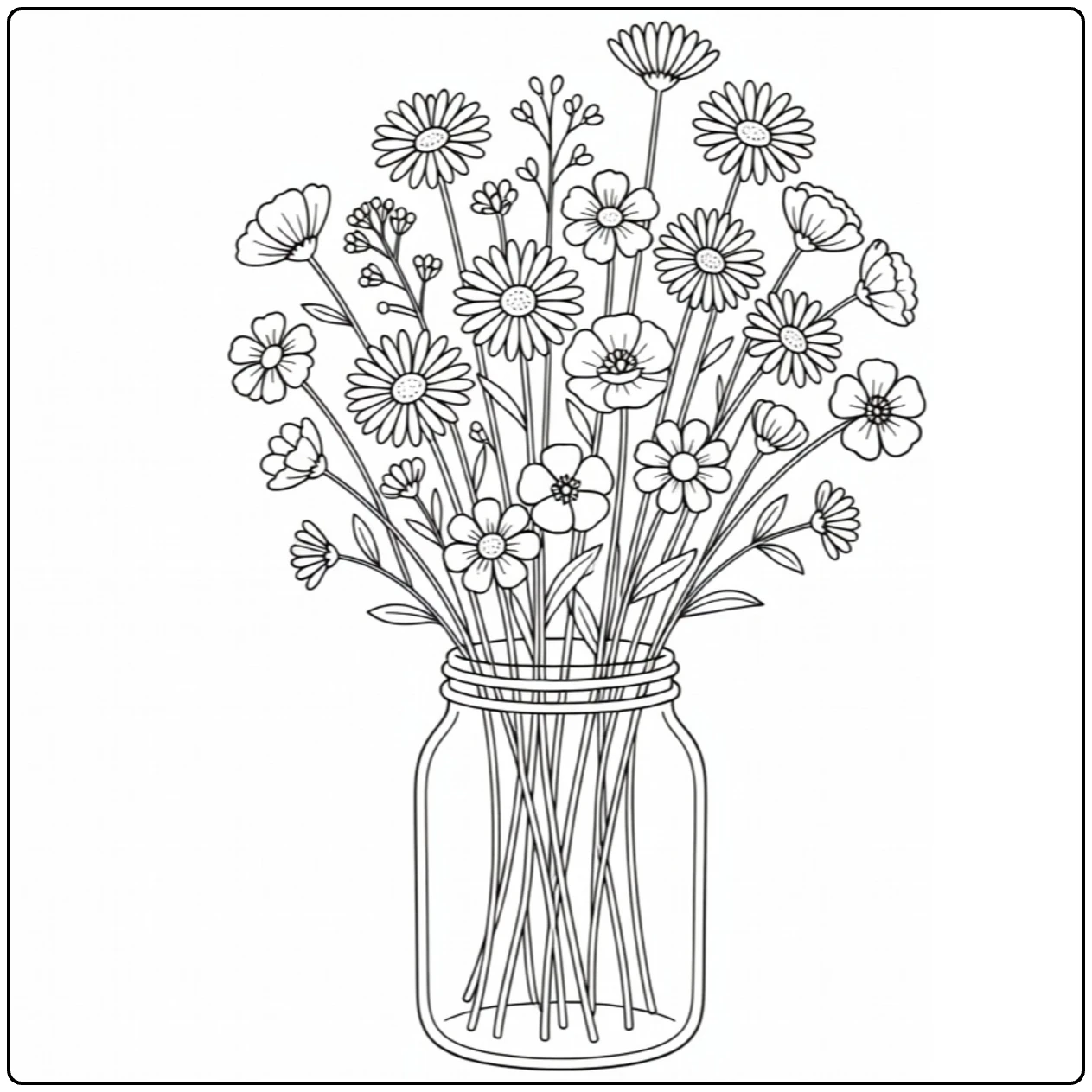 wilde bloemen kleurplaat met glazen pot en veldbloemen