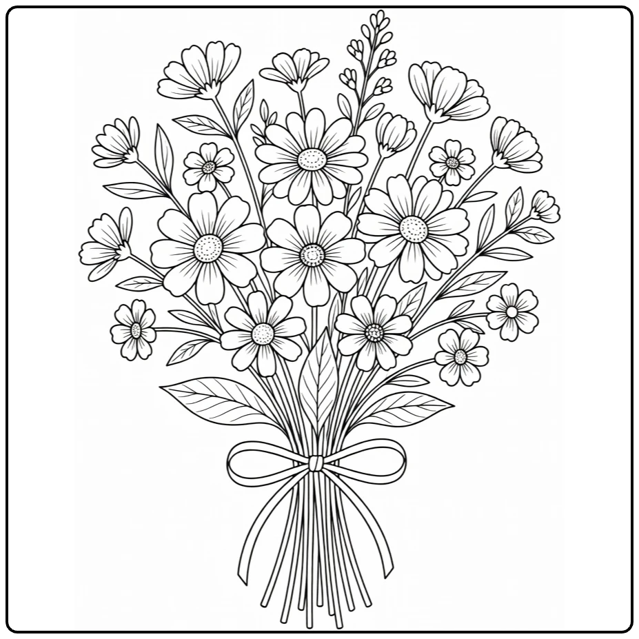 wilde bloemen kleurplaat met handgebonden bos en lint