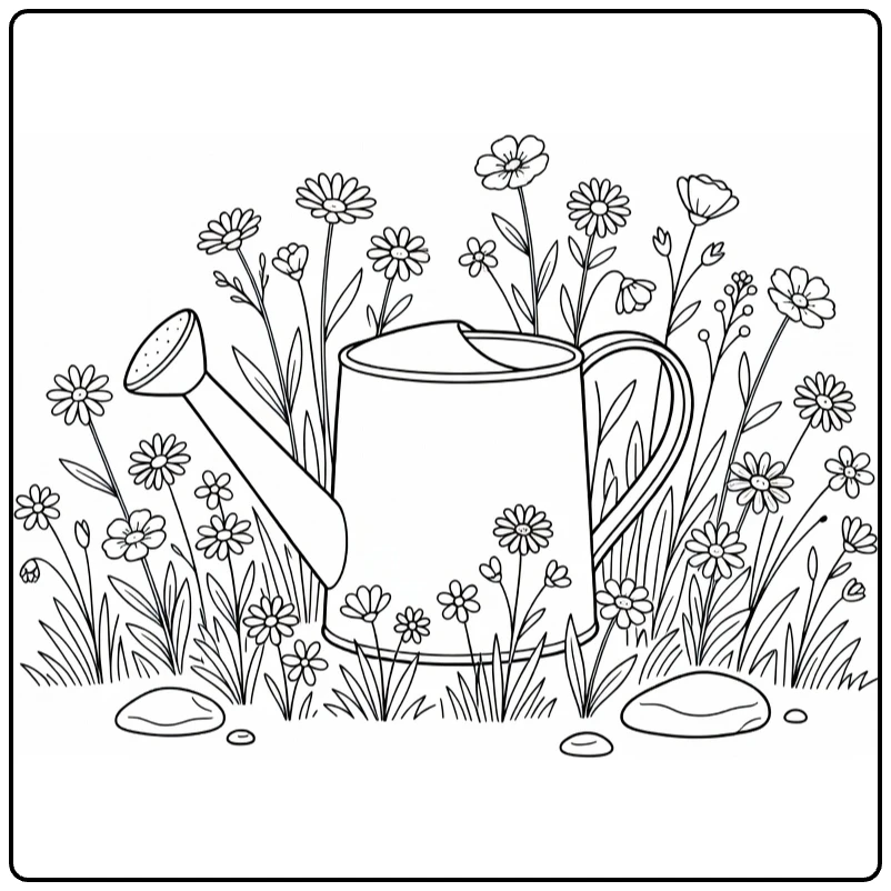 Wilde bloemen kleurplaat met gieter en stenen
