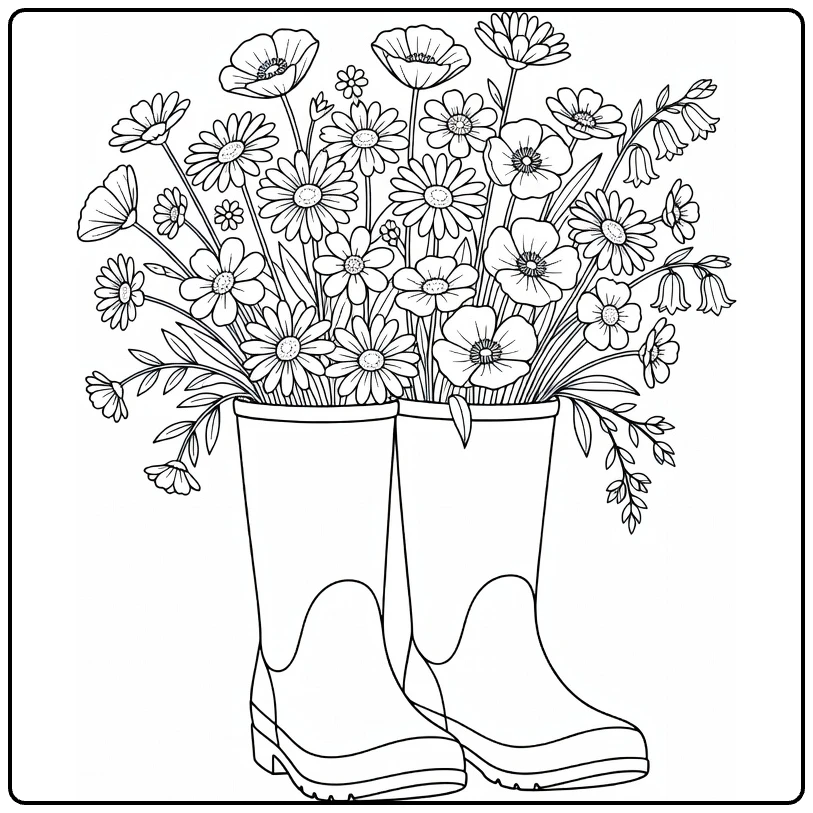 wilde bloemen kleurplaat met regenlaarzen vol bloemen