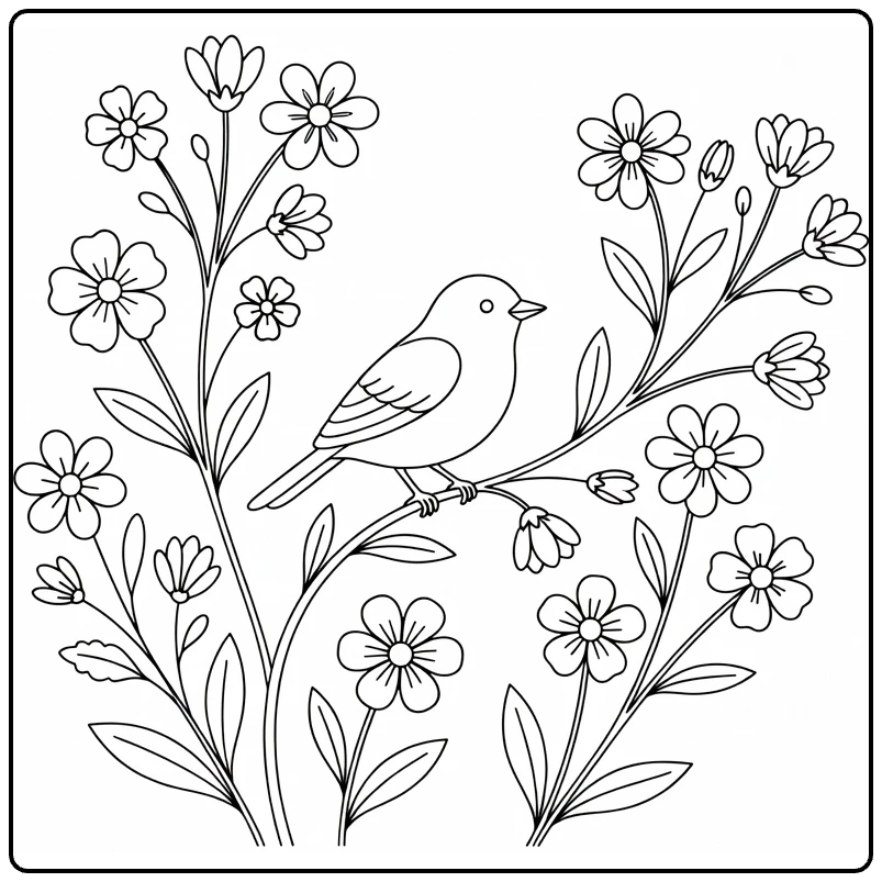 Wilde bloemen kleurplaat met vogel tussen de bloemen