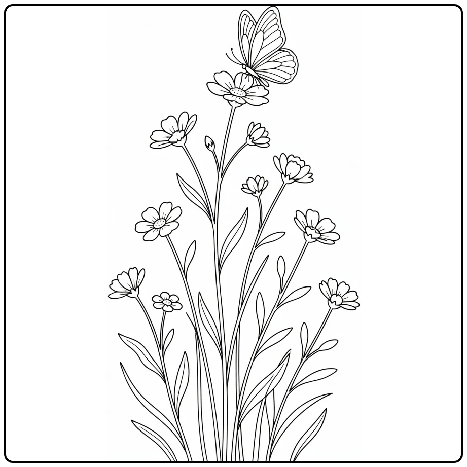 Wilde bloemen kleurplaat met vlinder op hoge stengel