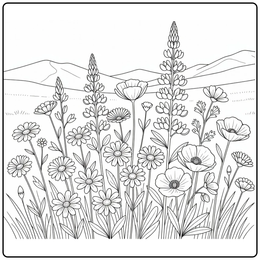 wilde bloemen kleurplaat van rustige bergweide met bloemen