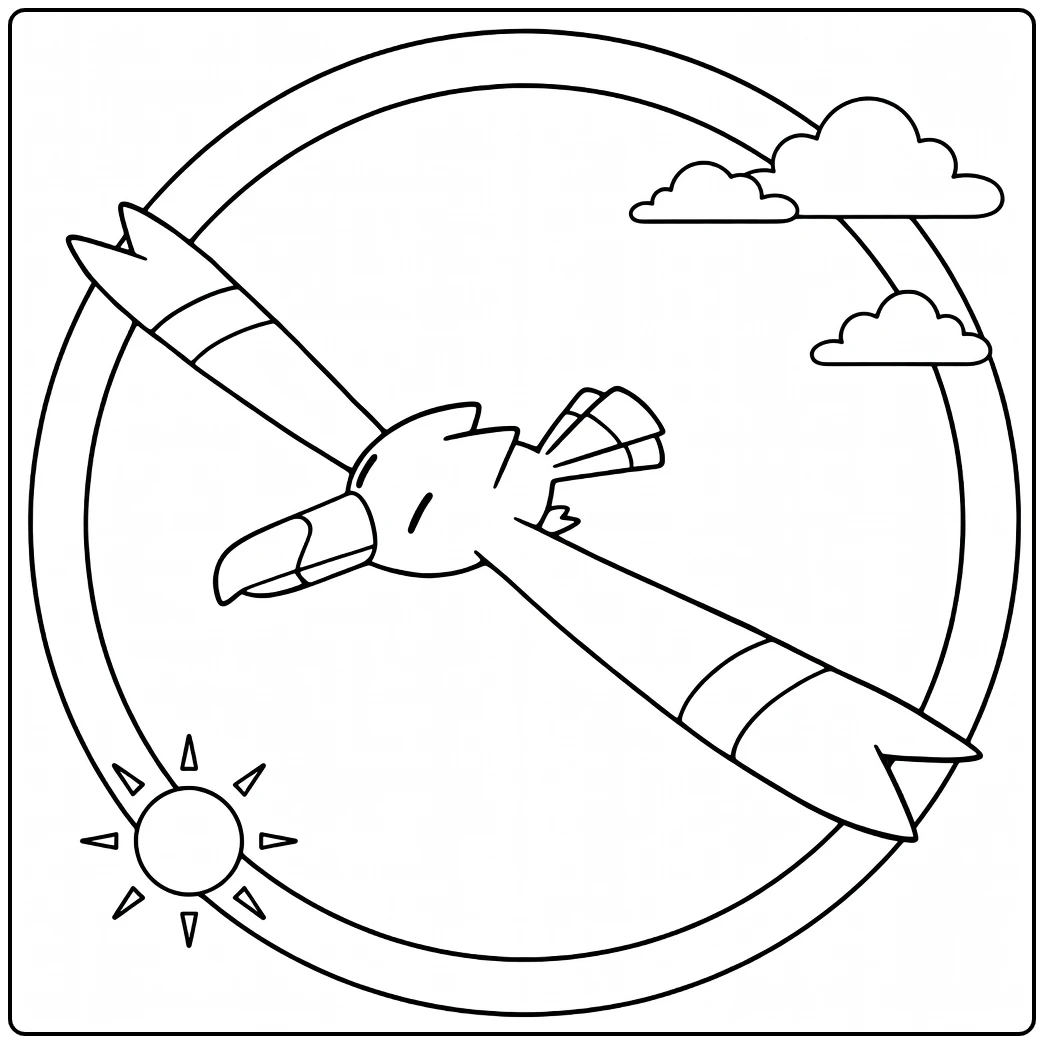 Wingull Kleurplaat: vliegende Wingull met zon en wolken