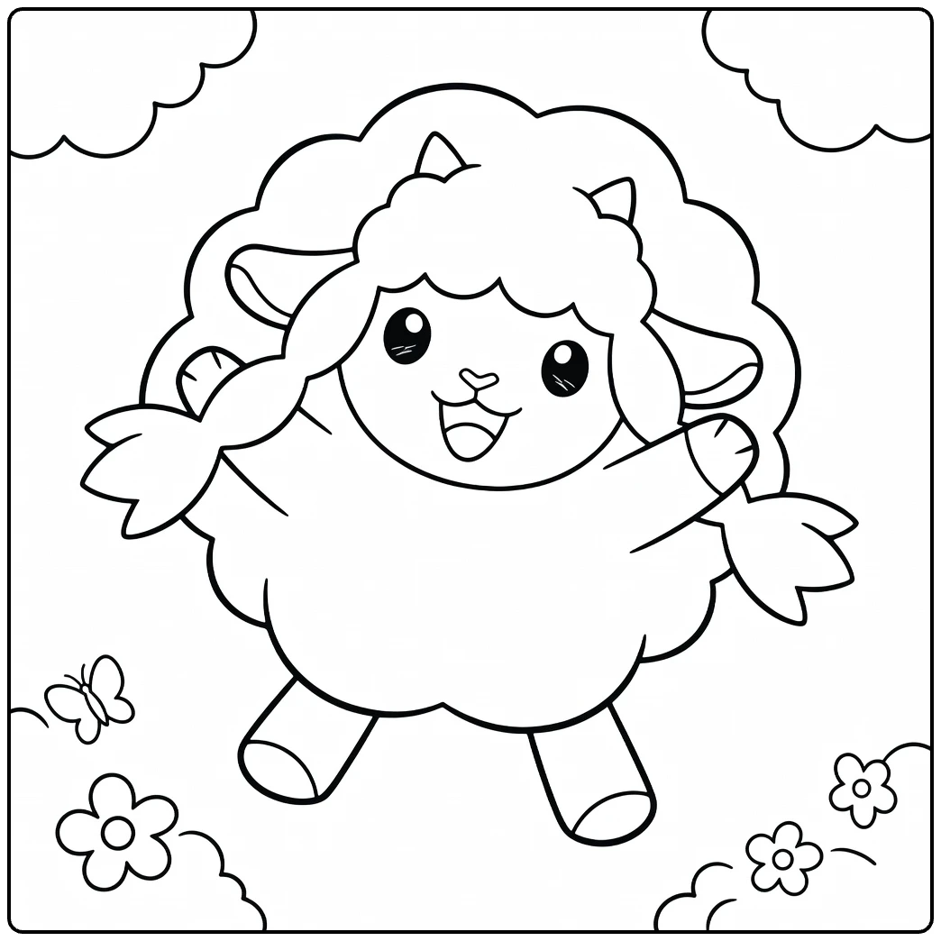 Wooloo kleurplaat: schattig springend lammetje met wolken