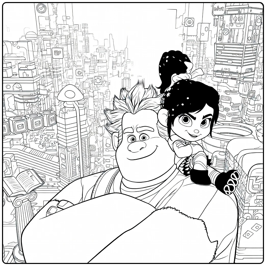 Wreck-It Ralph Kleurplaat met Ralph en Vanellope in stad