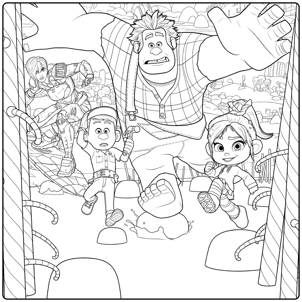 Wreck-It Ralph Kleurplaat met Ralph, Vanellope en Felix