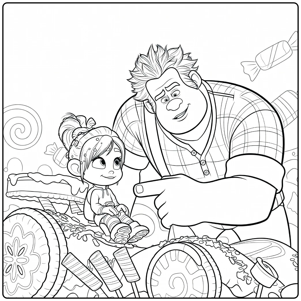 Wreck-It Ralph Kleurplaat Ralph en Vanellope met snoep