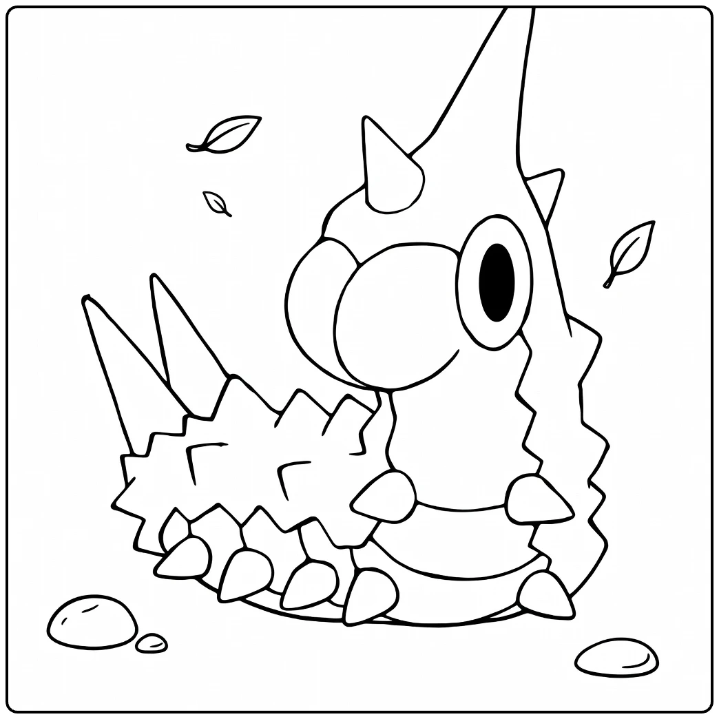Wurmple kleurplaat: rups Pokémon met hoorn, stekels en bladeren