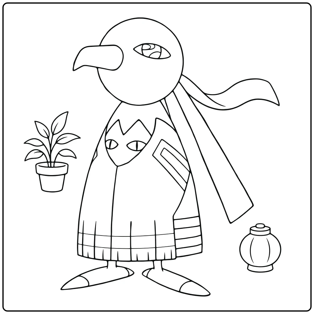 Xatu Kleurplaat: mystieke Pokémon vogel met sjaal en accessoires