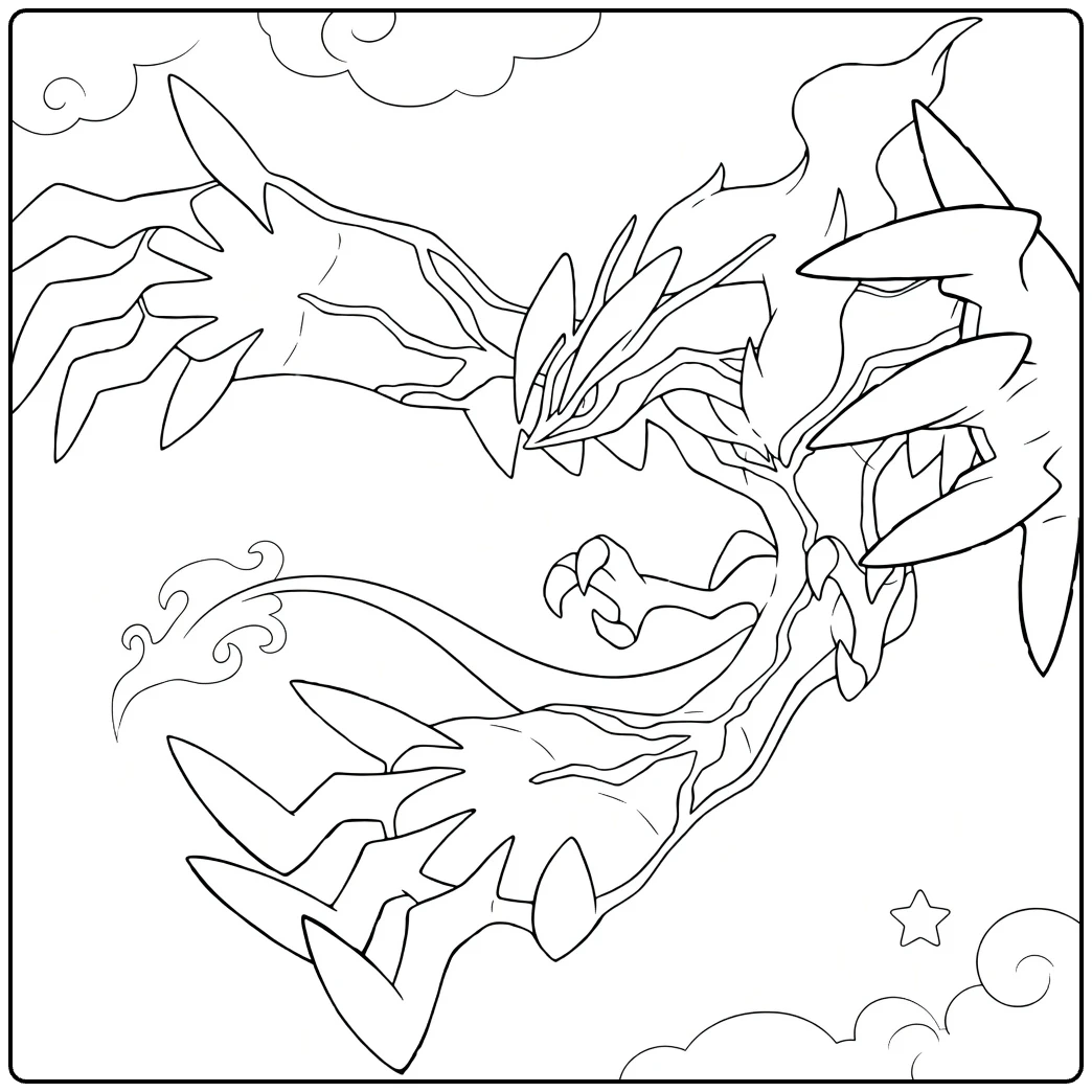 Xerneas Kleurplaat: vliegend met wolken, ster en maan