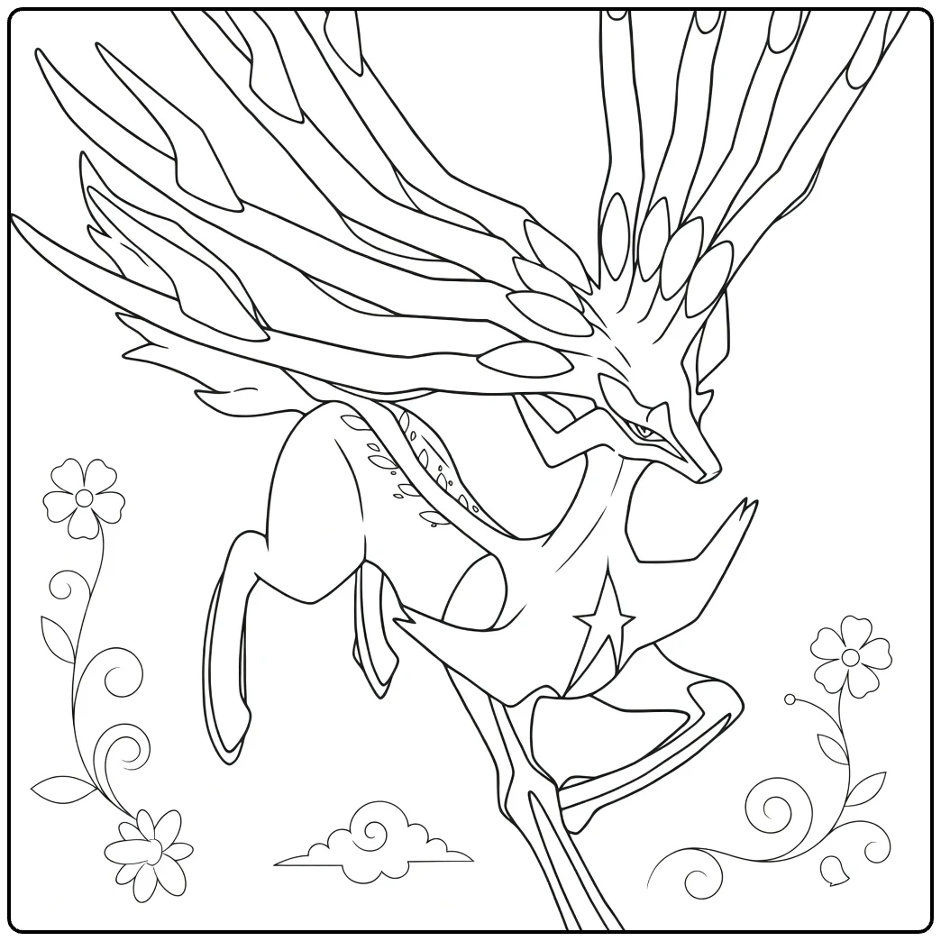 Xerneas Kleurplaat: feeëriek hert met gewei, bloemen