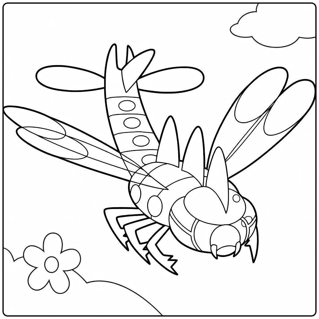 Yanmega kleurplaat: vliegende Pokémon libelle met bloemen