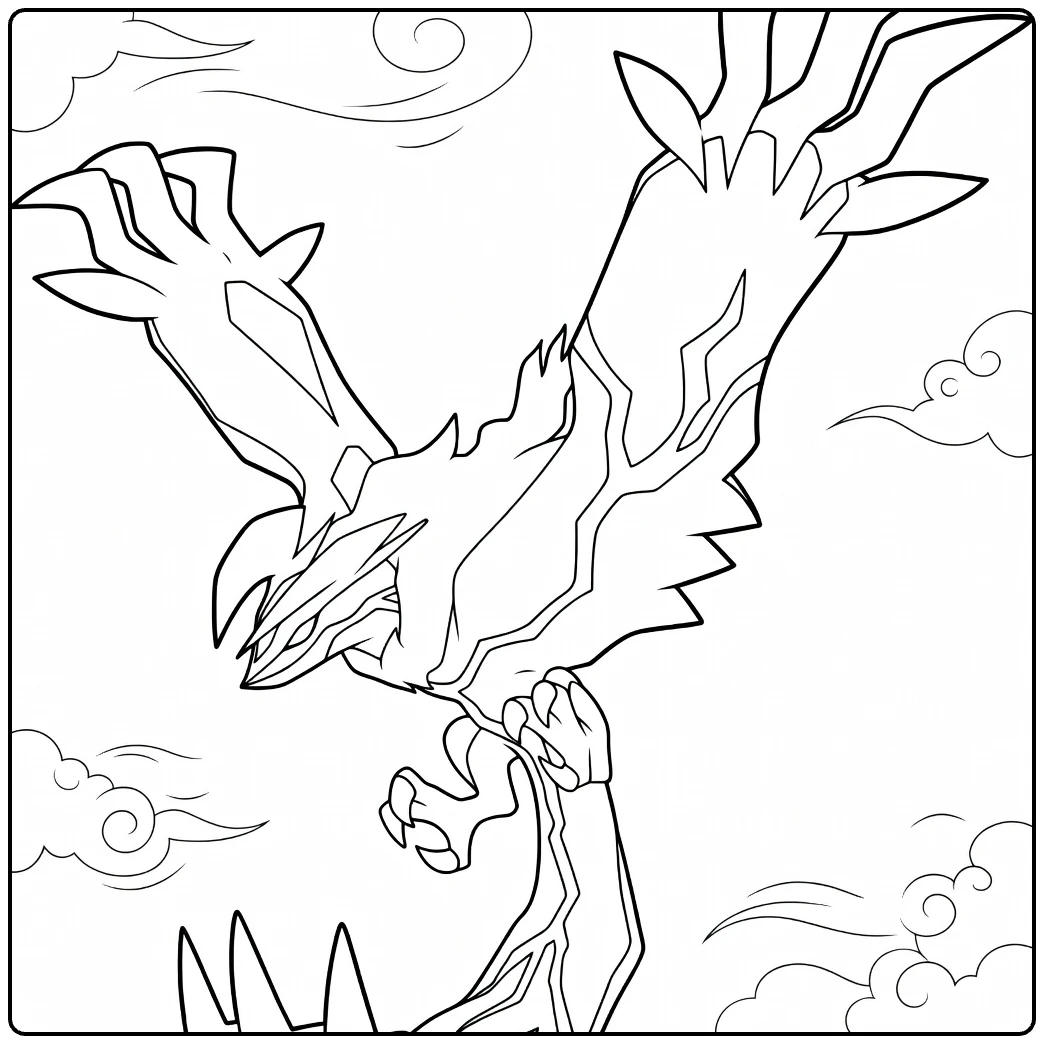 Yveltal Kleurplaat: vliegende legende met wolken
