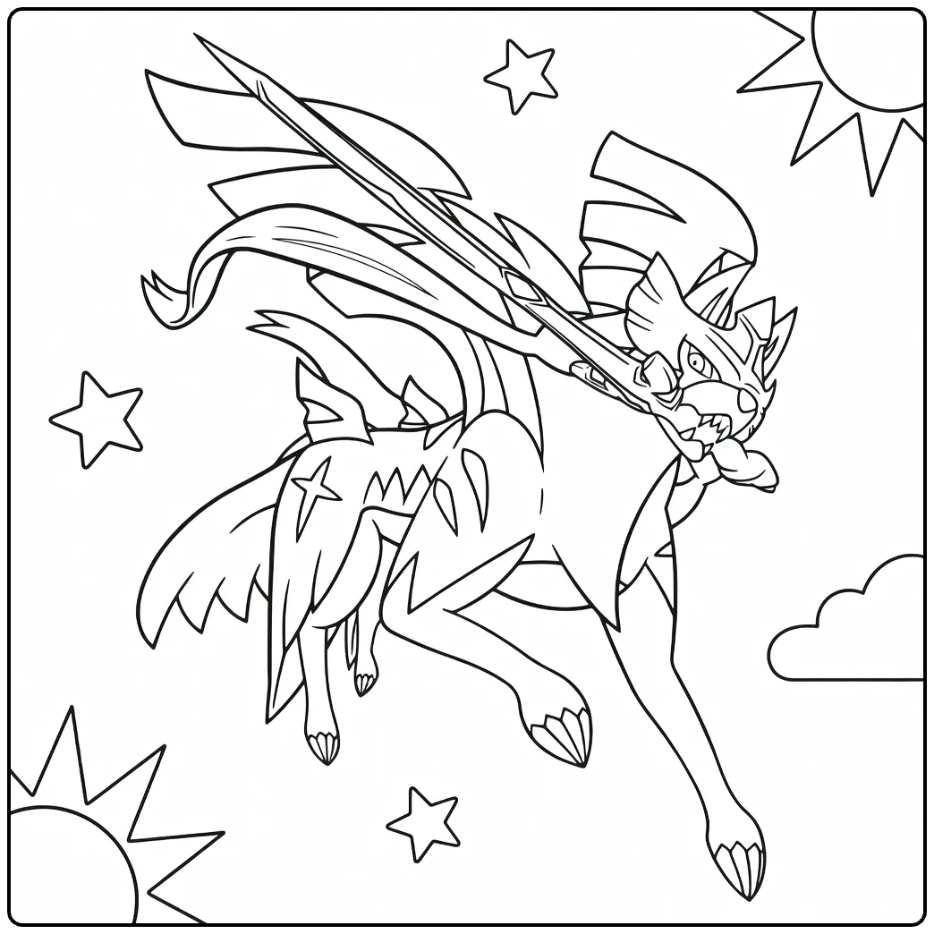 Zacian Crowned Sword kleurplaat met vliegende wolf en zwaard