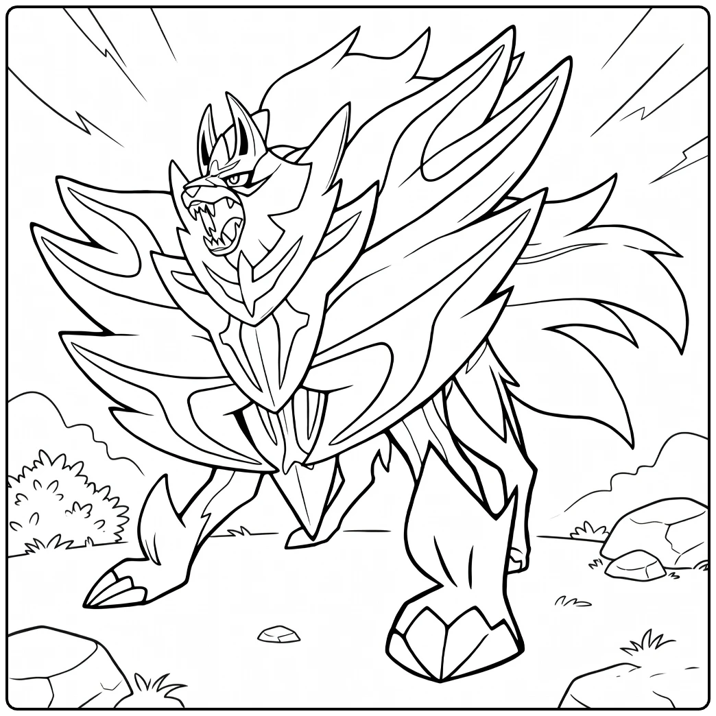 Zacian Kleurplaat: krachtige wolf Pokémon met zwaard