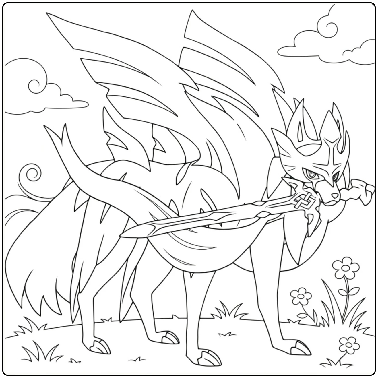 Zacian Kleurplaat met zwaard, vleugels en bloemen
