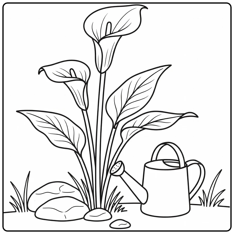 zantedeschia kleurplaat met calla lelie en gieter in tuin