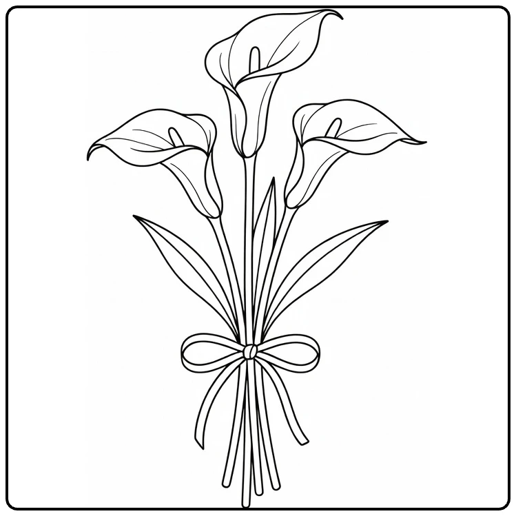 Zantedeschia kleurplaat van boeket met drie calla lelies